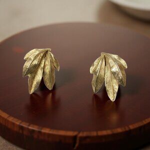 Vintage Crown Trifari Brushed Goldtone Leaf Earrings, circa 1960s, 1.18" x .75"
